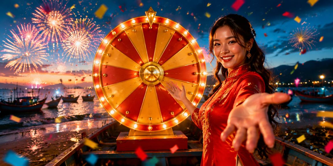 Bãi biển Mũi Né lúc hoàng hôn với người chơi tham gia quay số may mắn